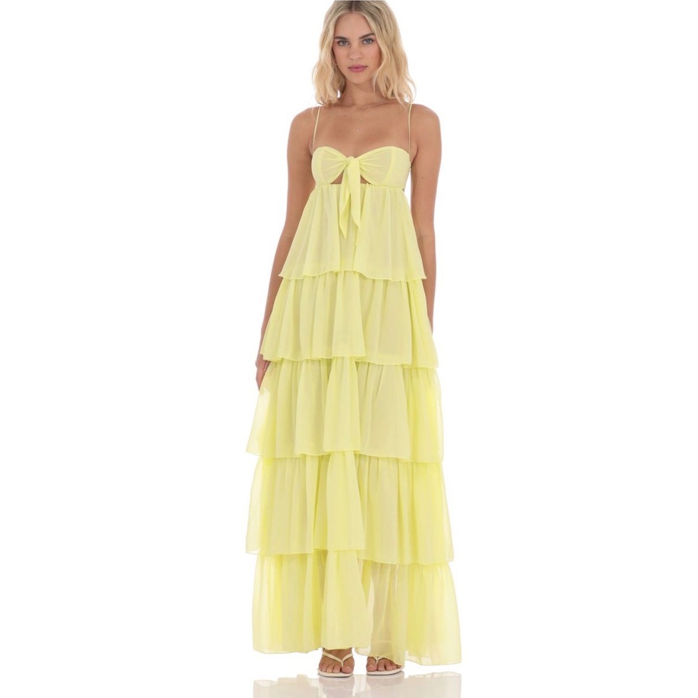 Lucy In The Sky Yellow Tiered Chiffon Maxi Dress Tie Front Cutout Back Small NEW